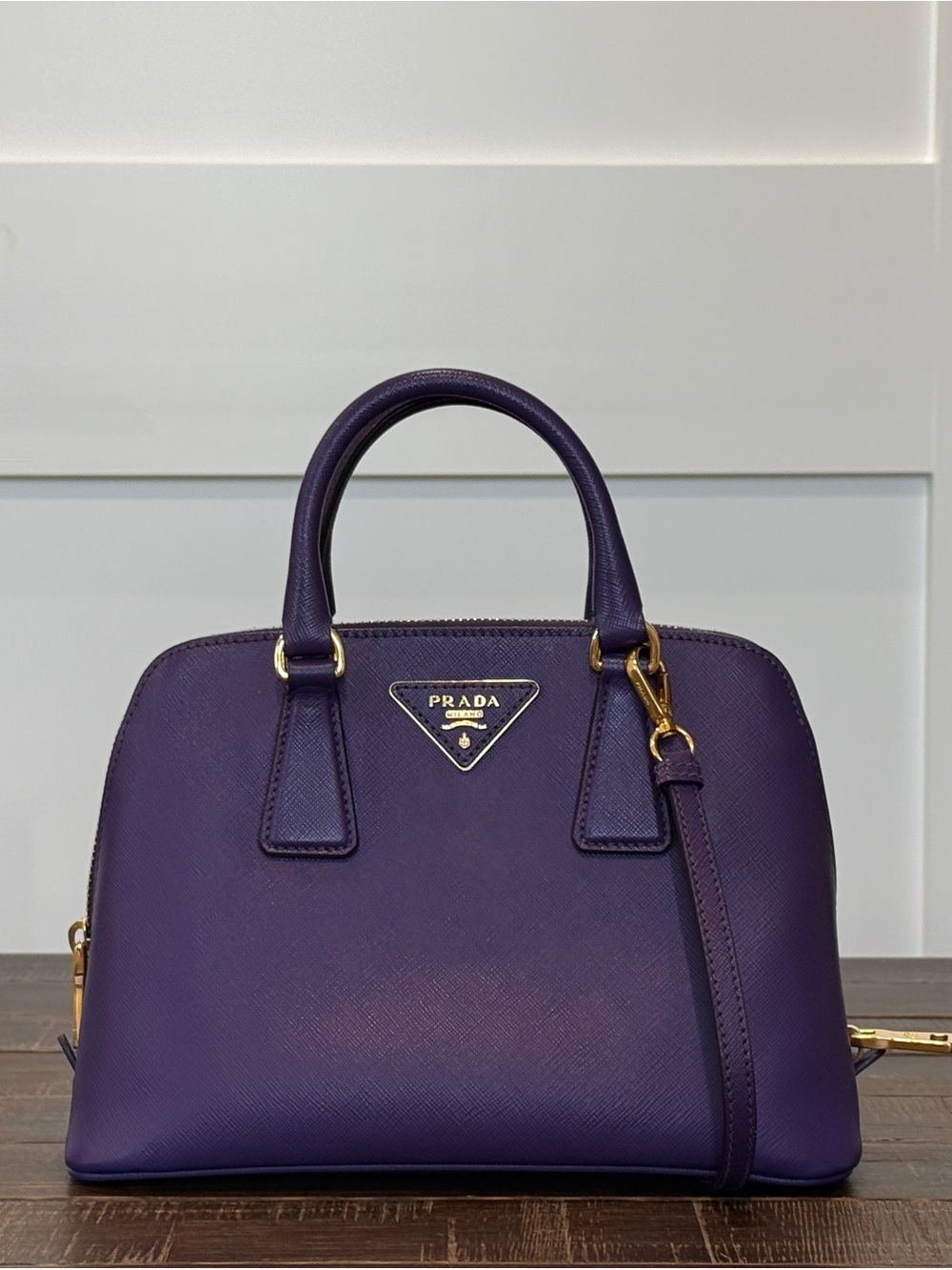 Prada Purple Saffiano Dome Satchel with Gold Hardware